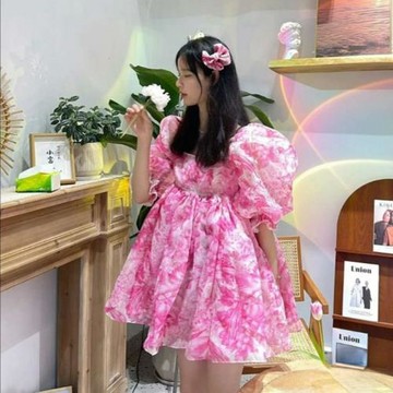 Selkie ocean2025年春趙露思同款法式仙女連衣裙蜜桃粉印花泡芙裙