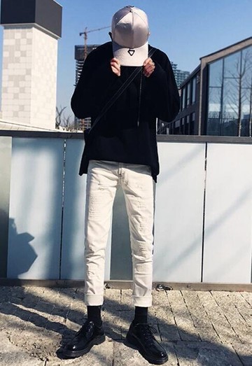FINDSENSE品牌 男 時尚 潮 街頭 白色 破洞補丁 休閒牛仔褲 九分褲 直筒褲