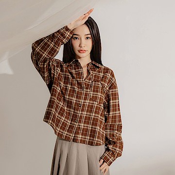 毛織格紋造型口袋泡泡袖襯衫上衣-OB大尺碼
