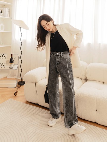 棉質水洗牛仔撞色拼接直筒長褲