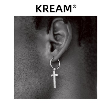 KREAM S925純銀圓環十字架耳釘鑲鋯石歐美潮耳環男嘻哈女同款耳飾