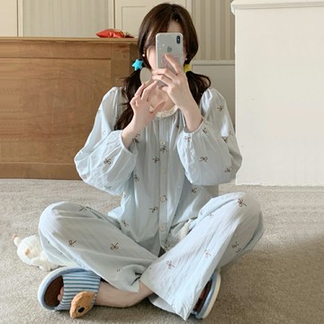 ＊ORead＊韓版純棉蝴蝶結流蘇花邊長袖家居服套裝(圖片色F碼)