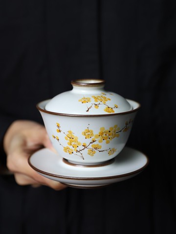 芳物集純手工陶瓷三才蓋碗景德鎮釉下手繪復古山果功夫茶具泡茶碗