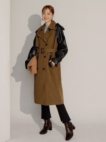 皮革拼接長版風衣外套
