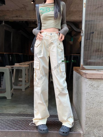 工裝褲女款夏天季薄小個子休閑美式窄版米白色直筒高腰闊腿牛仔褲-Misaki精品