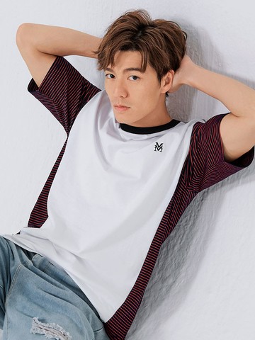 純棉側邊條文拼接短袖上衣