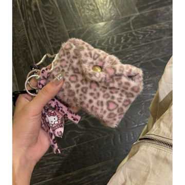 豹紋收納包 秋冬毛絨紫色豹紋小卡包ccd收納包便攜可愛厚實手拿零錢包耳機包
