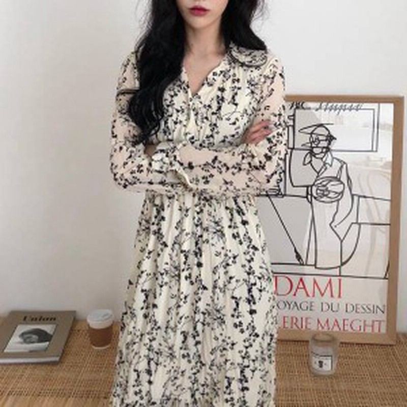 オルチャン 韓国 ファッション ワンピース ワンピ レディース 花柄 ロング Vネック ワッシャー シワ加工 長袖 ゆったり レトロ 大人可愛 通販 Lineポイント最大1 0 Get Lineショッピング