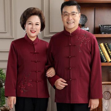 中老年情侶唐裝男春秋外套爺爺奶奶中式婚宴禮服爸媽生日過壽衣服