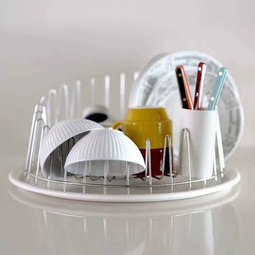 日本霜山 304不鏽鋼圓形杯架/碗盤瀝水架(附筷筒)-仿瓷托盤組