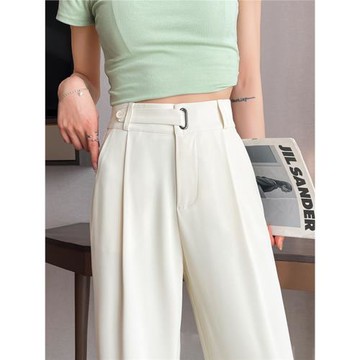 杏色西裝褲女夏季新款高腰拖地垂感窄版闊腿褲寬松直筒冰絲休閑褲