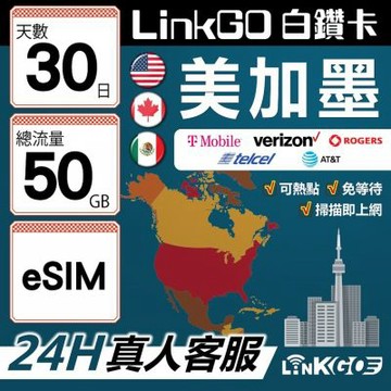【LinkGO】白鑽卡 美加墨 eSIM卡 30天上網卡 總流量50GB 高速流量(美國 加拿大 墨西哥)
