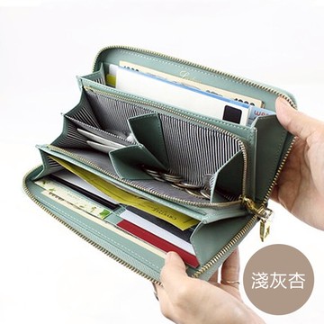 日本 LIZDAYS - [樂天No.1] 收納分層拉鍊真皮長夾-淺灰杏 (20x10.5x2.5cm)