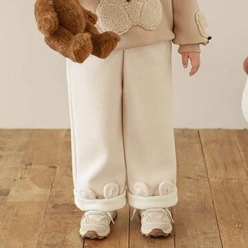 TONGMO - 腰鬆緊百搭休閒長褲(加絨)-翻摺兔耳朵-米色