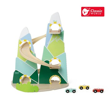【德國 classic world 客來喜經典木玩】山地場景軌道競速賽車(附3台小車)