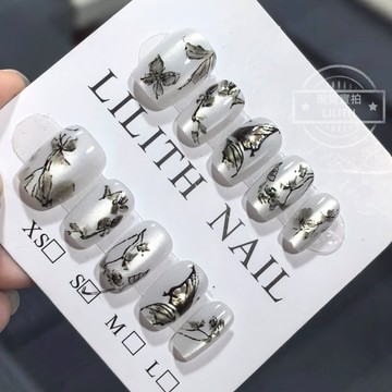 可隔日到貨！水墨蝴蝶貓眼穿戴甲 可拆卸顯白百搭光療穿戴甲 美甲貼片 美甲穿戴甲 貓眼穿戴甲 假指甲 指甲貼