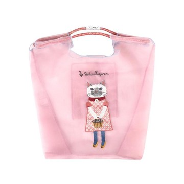 Kusuguru Japan 傘繩購物包 緹花繩手柄刺繡網紗提包 -粉色