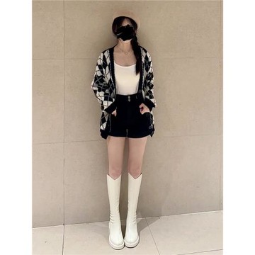 白色小鳥腿長靴高跟長筒靴女粗跟細腿靴v口高筒騎士靴厚底瘦瘦靴