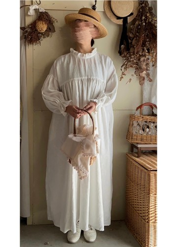 麻荷葉邊蝴蝶結褶飾洋裝 長袖白麻洋裝