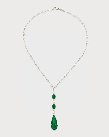 Platinum Carved Emerald and Briolette Diamond Necklace