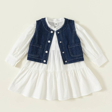 M.bang - 小立領洋裝+牛仔背心兩件式套裝-白色