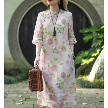 【ACheter】溫婉氣質麻棉印花改良旗立領盤扣短袖洋裝# 125300