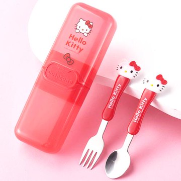 凱蒂貓HELLO KITTY兒童湯匙叉子2合1環保餐具組附收納盒191673/191741(平輸品)【卡通小物】