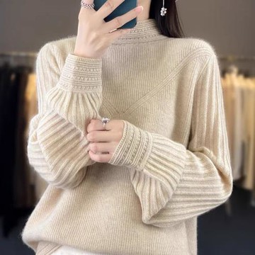 秋冬新款復古羊絨衫女高領寬松毛衣純色針織打底衫時尚泡泡袖上衣