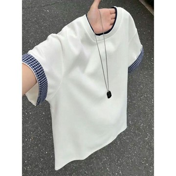 白色格子假兩件短袖男夏季撞色拼接小領口t恤美式高級感正肩半袖百搭 復古寬鬆 百搭ins  基本款 圓領 重磅純棉