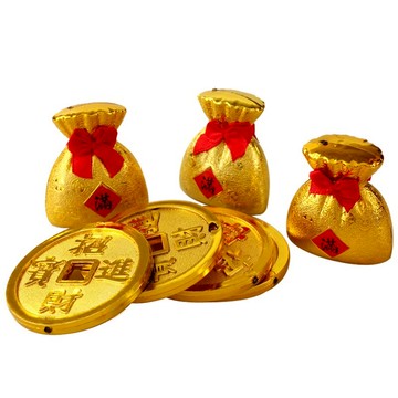 塑料銅錢風水擺件中式錢布袋金色錢袋新年裝飾品供奉用品
