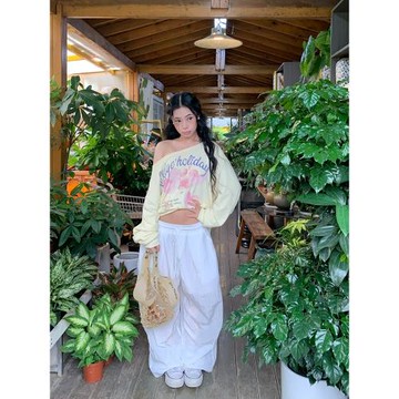 R1DGE自制美式字母花卉印花斜肩長袖T恤男女夏季寬松休閑百搭上衣