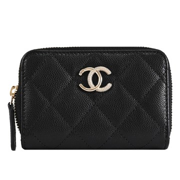 CHANEL AP4904 水鑽鑲飾CC LOGO菱格零錢卡包/短夾.黑/淡金