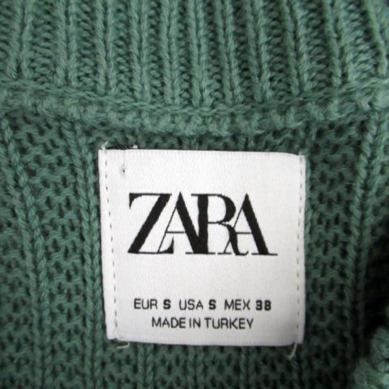 ザラ ZARA ニットワンピース ひざ丈 長袖 ラウンドネック S グリーン