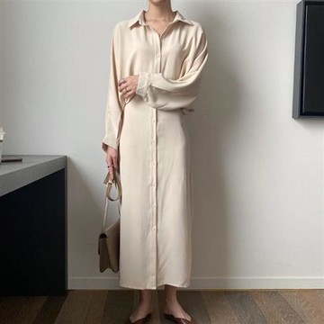 【米蘭精品】連身裙長袖洋裝-法式收腰顯瘦氣質女裙子2色74kd42