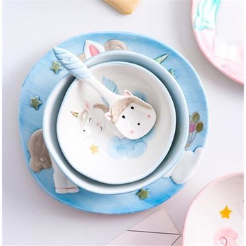 AMH新款手繪不規則陶瓷餐具ins網紅獨角獸少女款釉下彩粉藍碗盤勺