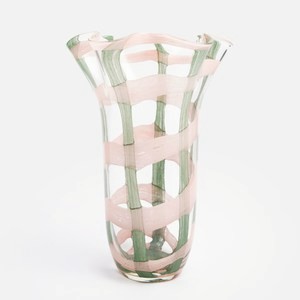 奧可利繽紛玻璃花器35cm 粉綠格紋