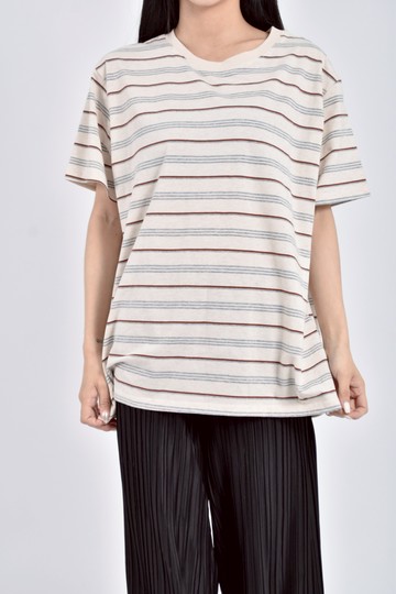 (L) rsstudio質感棉質純棉條紋杏色短袖上衣