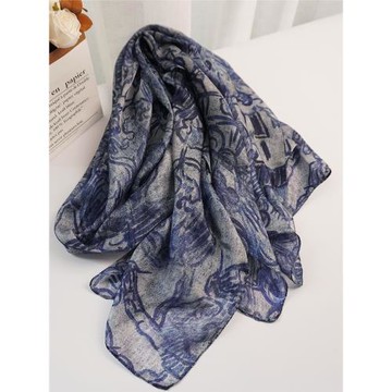 恬靜藍色居所  純真絲桑蠶絲女洋紡圍巾沙灘海邊度假春秋長款絲巾