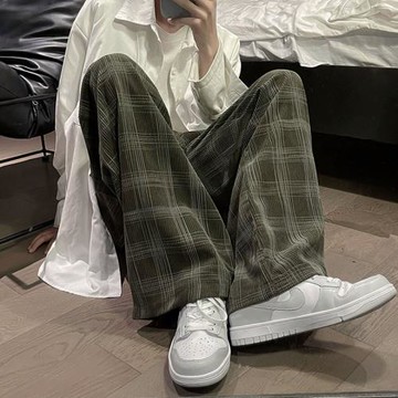 日系古著vintage褲子直筒慵懶風格子褲男oversize寬松闊腿褲春秋