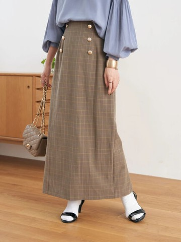 細格紋鈕扣設計開衩窄身裙(1L23L0L0300) - earth music&ecology