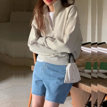 法式復古淺灰色衛衣女2025早春慵懶風寬松半拉鏈翻領休閑長袖上衣