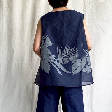 手工亞麻雙層印花背心