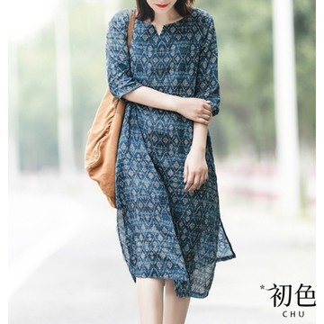 初色  民族風印花棉麻風洋裝-深藍色-62095(M-2XL可選)