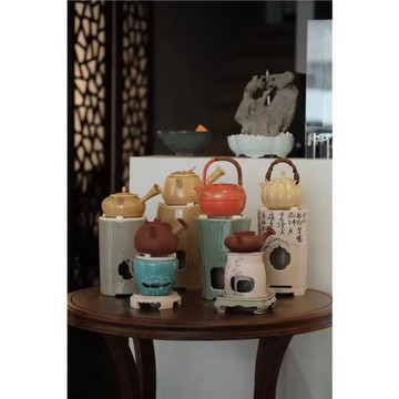 東門茶事【半齋】豇豆紅 民國黃和青花芭蕉葉詩文煮茶爐和煮茶壺