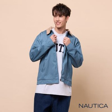 Nautica 官方旗艦 男裝 復古翻領撞色工裝夾克外套-藍色