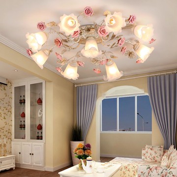 【可調節光色】美式田園吸頂燈歐式客廳臥室花草燈溫馨浪漫粉色花朵公主婚房燈具