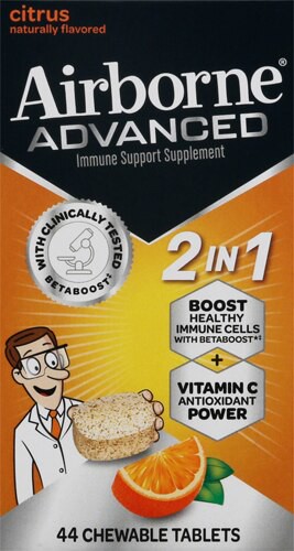 Airborne Chewable Tablets Citrus Vitamin C 2 in 1 Advanced Immune Support 44 Chewable Tablets