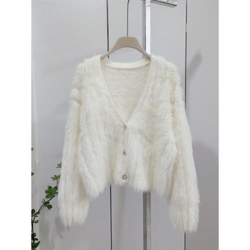 仿水貂絨名媛外搭針織外套女秋冬新款小香風高級軟糯短款毛衣上衣