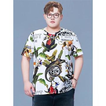 390斤夏季冰絲印花圓領短袖T恤潮流胖子加肥加大碼體恤肥佬男生