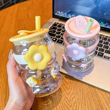 【台灣現貨 送可愛杯貼】官耳520ml花花杯 夏季女生水杯 高硼硅玻璃杯 辦公室耐高溫 牛奶杯 咖啡杯 水杯學生可愛早餐